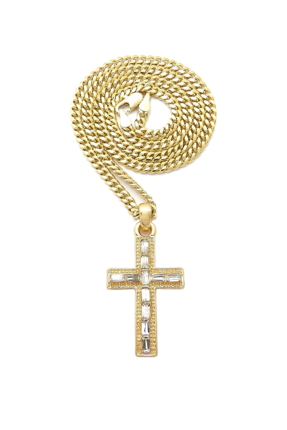 Mini Gemstone Cross Pendant Pendant with 4mm Cuban Chain Necklace, Gold-Tone, 27"