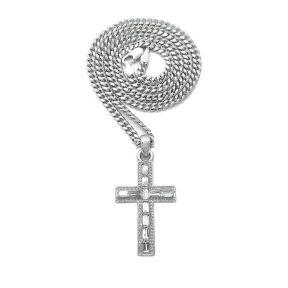 Mini Gemstone Cross Pendant Pendant with 4mm Cuban Chain Necklace, Silver-Tone, 30"