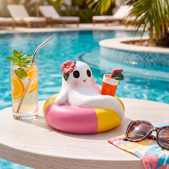 Mini Ghost Pool Float Resin Figurine with Summer Cocktail, Summer Halloween Tabletop Centerpiece, Spooky Beach Decor for Office Shelf & Indoor Home Display