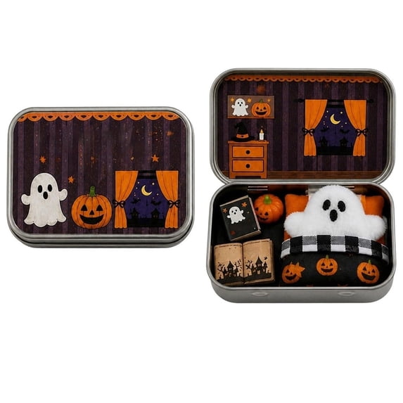 Mini Ghost Tin Set Complete Scene – Cute Spooky Halloween Figurine with Pumpkin and Props in Castle Tin, Travel Desk Decor, Collectible Adopt-a-Ghost Gift