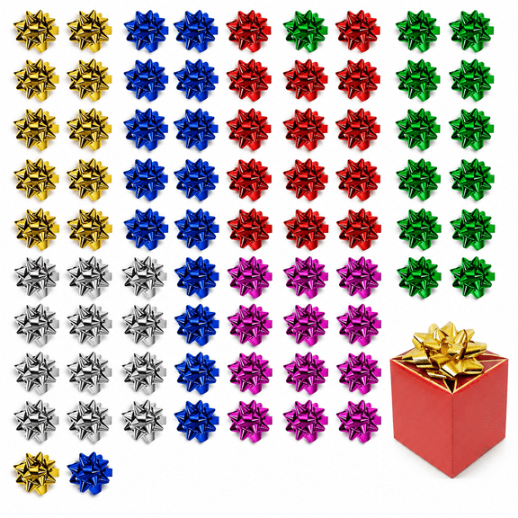 Mini Gift Bows 1 Mixed Colors Tiny Metallic Stick On Star Bows for Christmas Wedding Valentines Day Holiday Present Gift Wrapping Decoration (50)