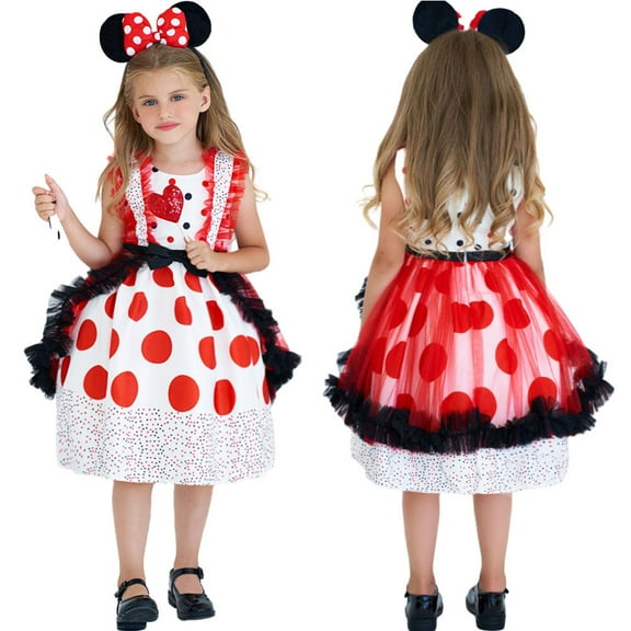 Mini Girls Costume Dress Polka Dots Birthday Princess Outfits w/Mouse Ear Headband, 3-9Y