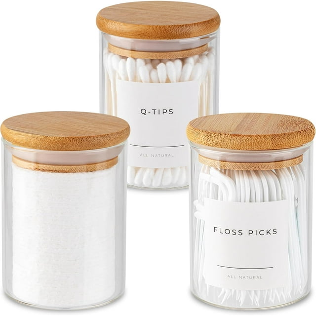 Mini Glass Apothecary Jars, Bathroom Organizers and Storage, with Bamboo Lids, Small Kitchen Containers, For Cotton Balls, Pads and Swabs, 10 oz, Set of 3