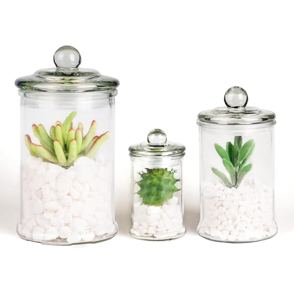 Mini Glass Apothecary Jars, Bathroom Storage Organizer Canisters for Cotton Swabs, Cotton Balls, Makeup Sponges, Bath Salts, Hair Ties, Makeup - Set of 3