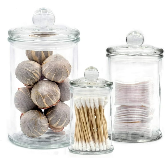 Mini Glass Apothecary Jars, Bathroom Storage Organizer Canisters for Cotton Swabs, Cotton Balls, Makeup Sponges, Bath Salts, Hair Ties, Makeup - Set of 3