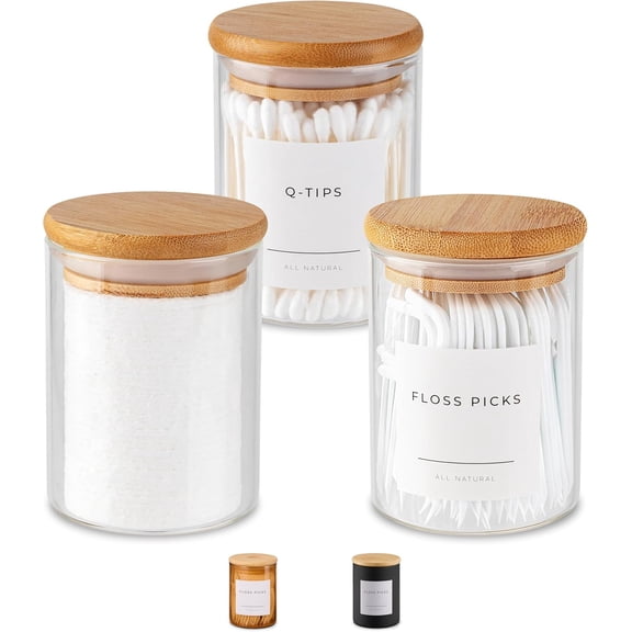 Mini Glass Apothecary Jars, Container Set, Bathroom Organizers and Storage, Bathroom D r, with Bamboo Lids, Small Kitchen Containers, For Cotton Balls, Pads and Swabs, 10 oz,