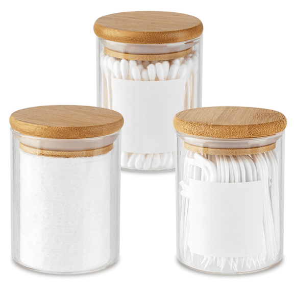 Mini Glass Apothecary Jars, Container Set, Bathroom Organizers and Storage, Bathroom D r, with Bamboo Lids, Small Kitchen Containers, For Cotton Balls, Pads and Swabs, 10 oz,