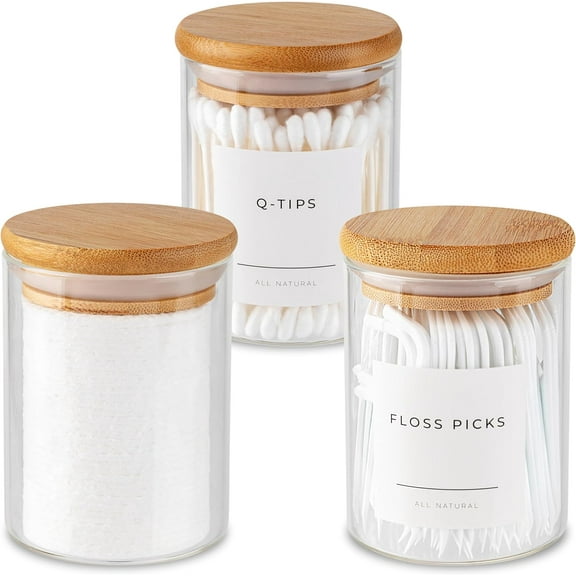 Mini Glass Apothecary Jars with Bamboo Lids, Small Bathroom and Kitchen Storage Containers, For Cotton Balls, Pads and Swabs, 10 oz, Set of 3 (Clear)