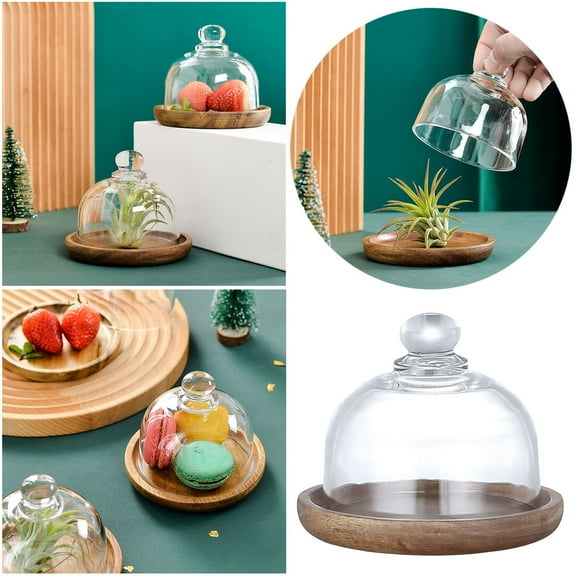 Mini Glass Butter Dish, Round Wood Base Cover, 1 Count 4.1 x 3.7 Inch, Clear Cloche Dessert Stand For Serving Cheese Cupcake Muffin Kitchen Counter Display