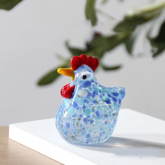 Mini Glass Chicken Figurine, Hand Blown Art Glass Rooster Collectible Figurines, Mini Glass Animal Statues for Festival Home Kitchen Office Farmhouse Tabletop Decor, 2.2", 1 Pack Blue