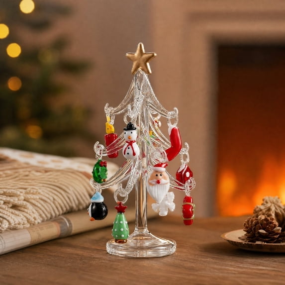 Mini Glass Christmas Tree Set with Detachable Hanging Ornaments, Festive Tabletop Decoration for Home Office Desk Mantel Holiday Party