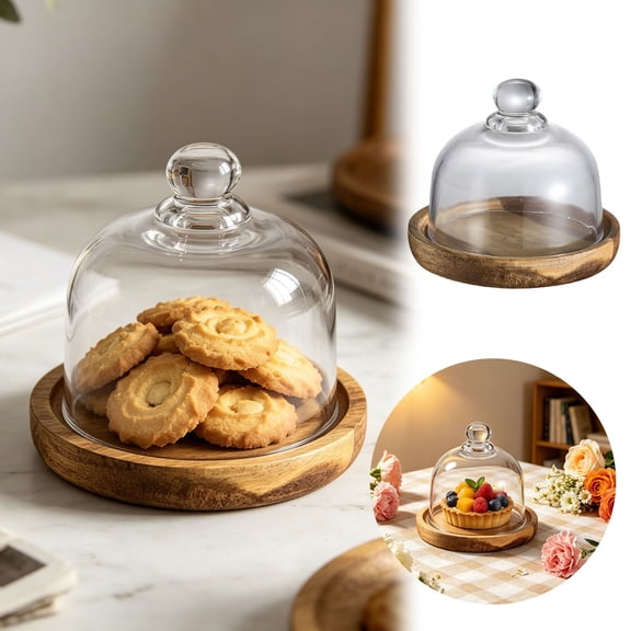 Mini Glass Cloche Dome with Wooden Base, Clear Display Cover for Desserts, Cookies, and Cheese, Small Cake Stand for Kitchen Counter and Home Decor