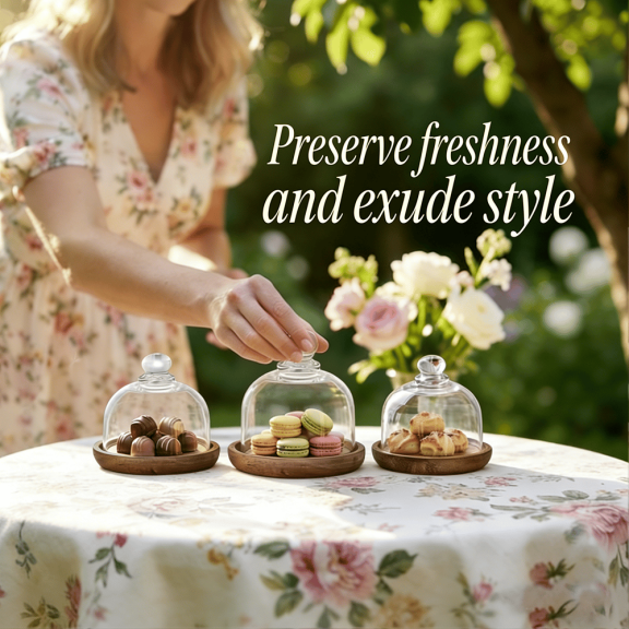 Mini Glass Dessert Dome with Solid Wooden Base, Clear Tempered Small Glass Cloche, Dustproof Shatter-Resistant Durable Display Dome for Home Kitchen Party Dessert Treats Cake Pastry Decor