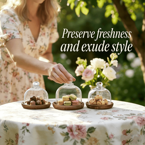 Mini Glass Dome Cloche with Wooden Base for Dessert Display Cake Stand