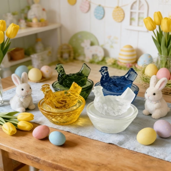 Mini Glass Egg Nest Chicken Figurines - Cute Handcrafted Glass Art for Easter Gifts, Adorable Miniature Farm Animal Decor, Home Tabletop Ornament & Spring Holiday Gift Accessory, 3*2in, Yellow