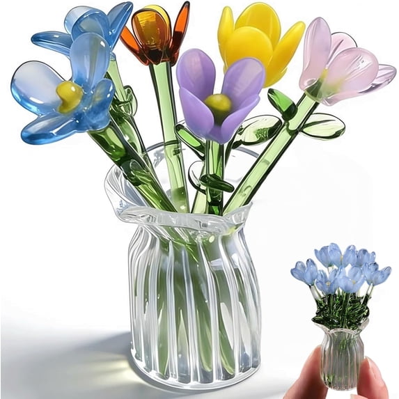 Mini Glass Flower Bouquet with Textured Vase, 7 Color Multicolor Wildflower Figurine, Artificial Crystal Centerpiece for Home Decor