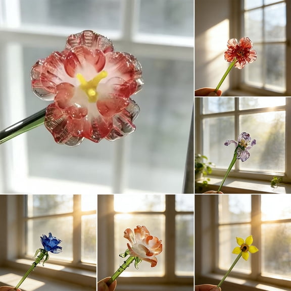 Mini Glass Flower Figurine Handmade Faux Crystal Transparent Flower Bouquet Collectible Hand Blown Table Ornament for Mother's Day Birthday Valentine's Day