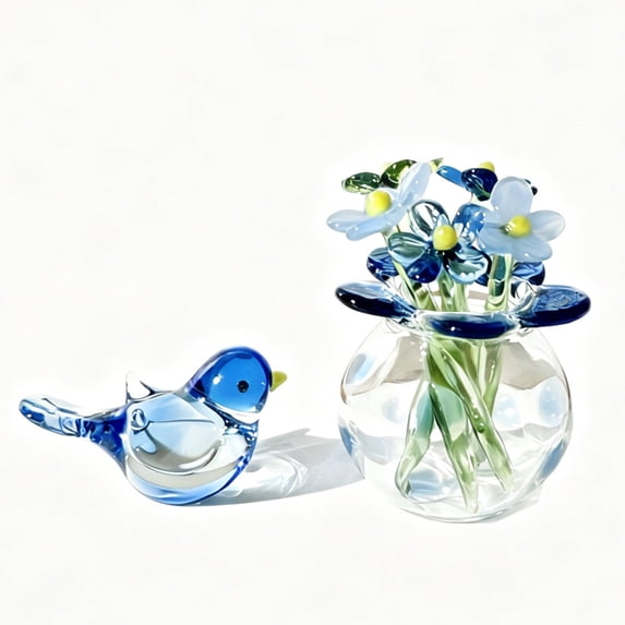 Mini Glass Flower Vase with Glass Bird Figurine, Handcrafted Blown Glass Decorative Set for Home Decor, Desk, Office, Gift
