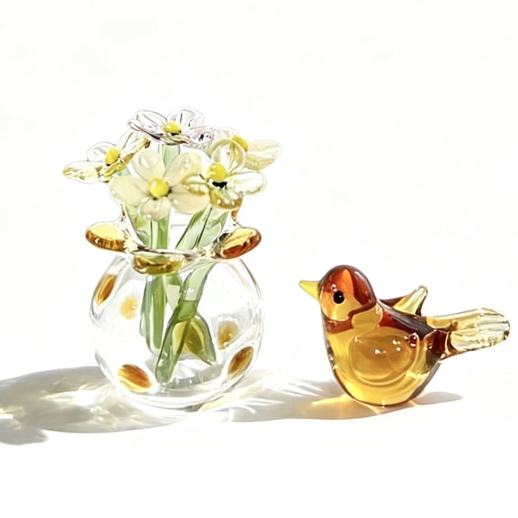 Mini Glass Flower Vase with Glass Bird Figurine, Handcrafted Blown Glass Decorative Set for Home Decor, Desk, Office, Gift