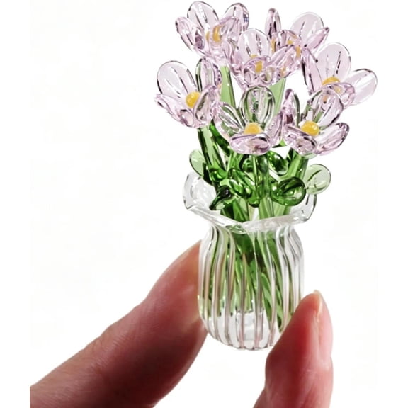 Mini Glass Flowers in Vase with Butterfly, Handmade Stained Glass Bouquet, Miniature Crystal Centerpiece for Desk, Table, Home, Office Decor, Gift for Mom Women