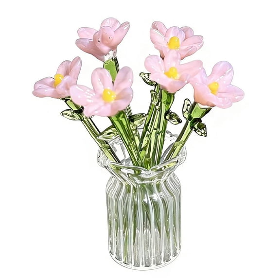 Mini Glass Flowers in Vase, Handmade Stained Glass Flower Bouquet with Stems, Miniature Crystal Floral Collectible Figurine Table Centerpieces Home Decor, Women Wife Mom Gift