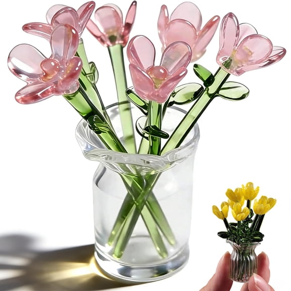 Mini Glass Flowers in Vase - Tiny Glass Flower in Vase, Butterfly Stained with Stems, Miniature Crystal Centerpieces Tables, 7 Color Birth Month Artificial Wildflower Bouquet for Mom (D#)