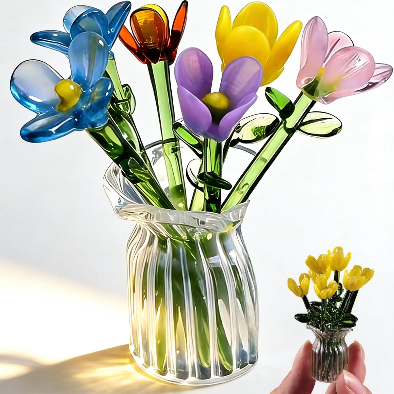 Mini Glass Flowers in Vase - Tiny Glass Flower in Vase, Butterfly Stained with Stems, Miniature Crystal Centerpieces Tables, 7 Color Birth Month Artificial Wildflower Bouquet for Mom (D#)