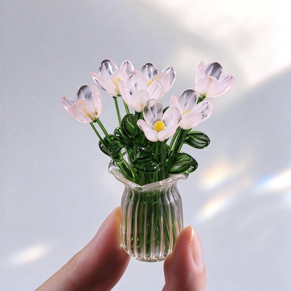 Mini Glass Flowers in Vase, Mini Glass Flowers,Tiny Floral Table Decor,Tiny Bouquet for Table Centerpiece