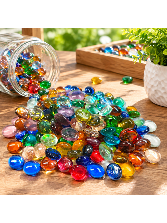 Mini Glass Gems, Mixed Colour Mancala Stones Flat Bottom Marble Beads for Home Decorative Art Craft Vase Filler