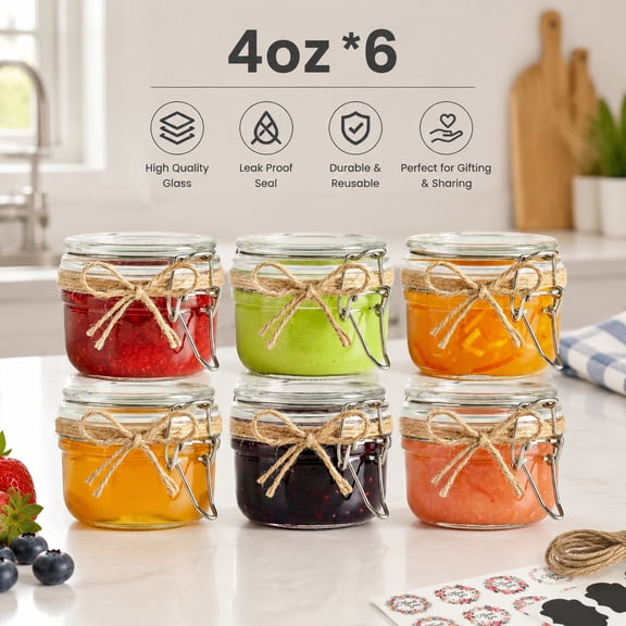 Mini Glass Jam Jars 4oz, Set of 6 Airtight Mason Jars with Leakproof Lids, Gift Labels & Hemp Rope, Straight-Sided for Homemade Preserves Honey DIY Crafts Wedding Favors