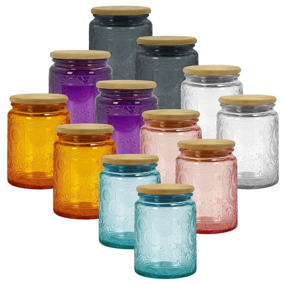 8oz Decorative Glass Jars with Reusable Bamboo Lids, 12 pack Mixed Color Embossed, Home Décor Food Storage Candle Parties Wedding Baby Shower Favors Gift…
