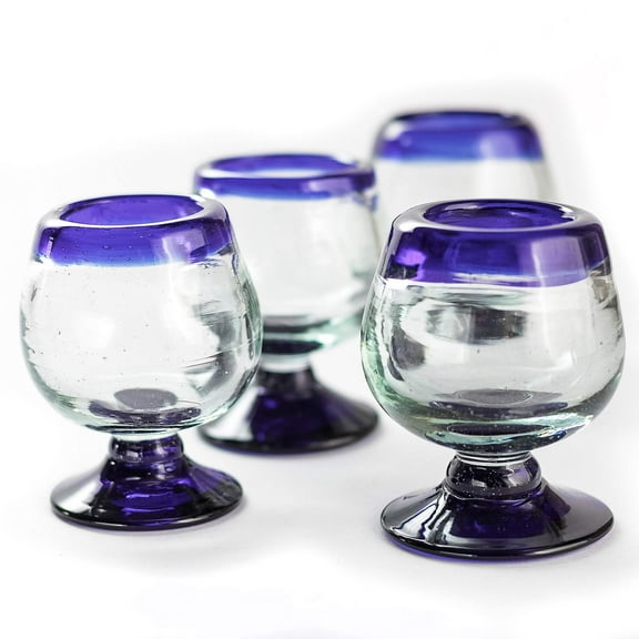 MEXTEQUIL Small Artisan Hand-Blown Tequila Cognac Mini Snifter Shot Glasses, Set of 4, 2 oz, Cobalt Blue Rim