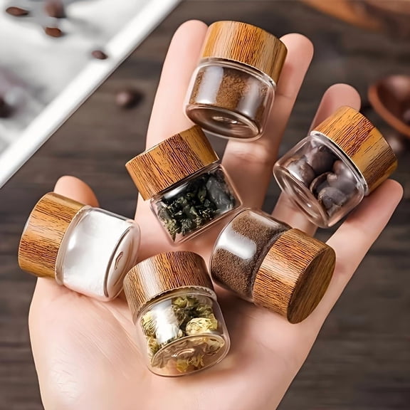 Mini Glass Storage Jars with Wood Lids, Airtight Small Glass Containers for Spices, Herbs, Coffee & Tea