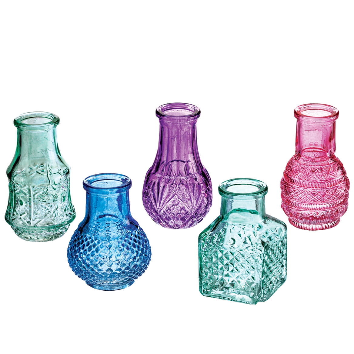 Vintage Jewel-Tone Embossed Glass Bud Vases Set of 5