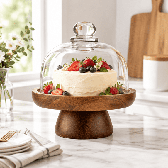 Standing Party Table Mini Glcloche Dessert Stand 4.1-inch Wood Footed Cake With Clear Dome ...