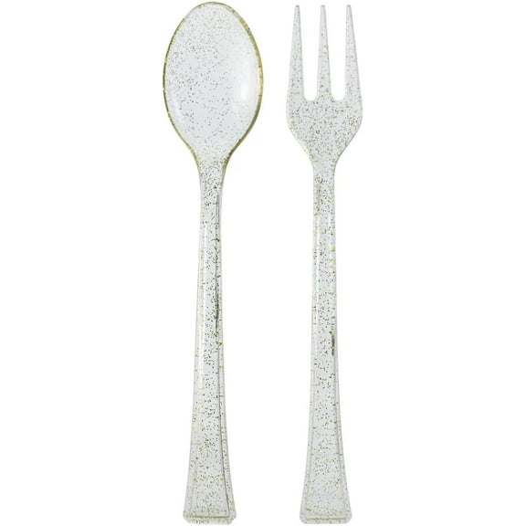 Mini Glitter Gold Spoon and Fork Plastic Combo Set – Durable Disposable Utensils for Desserts Appetizers Samples Catering Parties Events Buffets and Food Service Supplies Heavy Duty (48)