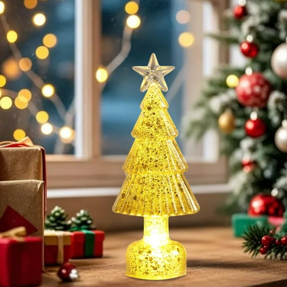 Mini Glowing Christmas Tree for Desktop, Battery Powered Night Light, Holiday Home Office Decor, Festive Ambiance Tabletop Decoration(Gold,2"×5.9")