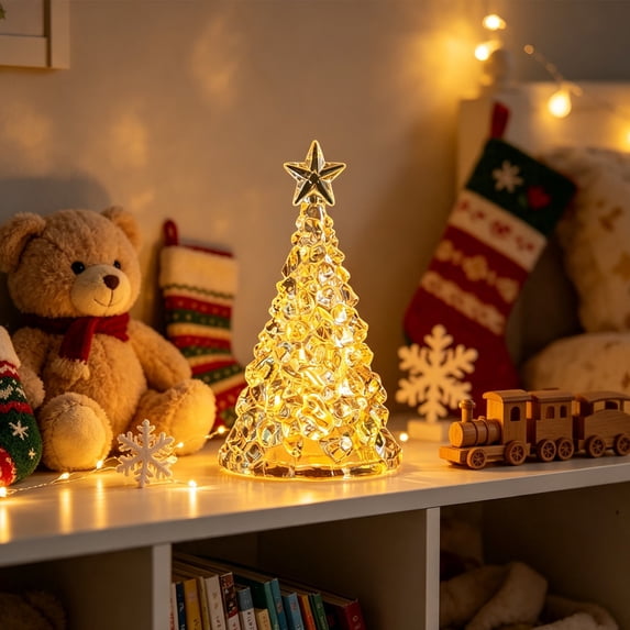 Mini Glowing Crystal Christmas Tree Table Lamp 6in Battery Powered Nightlight for Desk Shelf Mantel Holiday Decor
