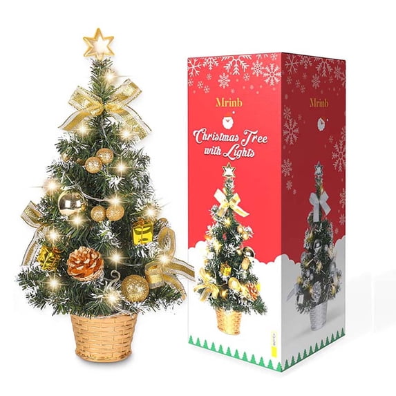 Mini Gold Christmas Tree, 18 Inches Artificial Tabletop Christmas Tree 15 LED Lights, Table Small Xmas Tree with Christmas Ball Ornaments for Table Top Christmas Tree Decorations