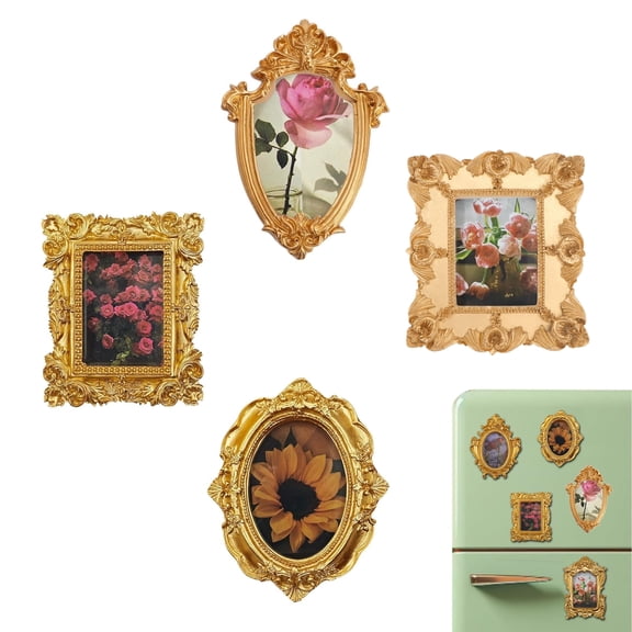 Mini Gold Magnetic Picture Frames for Refrigerator, 4 Small Vintage Photo Frames with Soft Magnet Backing, Victorian Style Decor for Kitchen Office Home