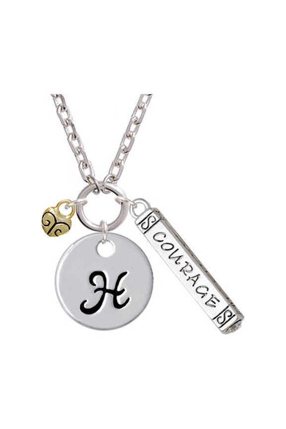 Mini Gold Tone Scroll Heart - H - Script Initial Disc Courage Strength Wisdom Zoe Necklace