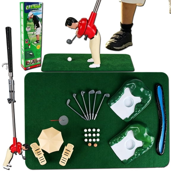 Mini Golf Game Set with Tiny Golfers on Stick, Family Desk Putting Game Red Green