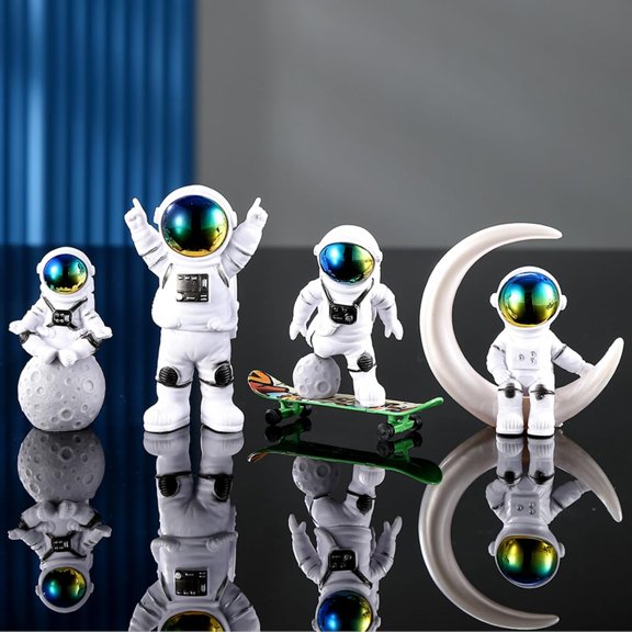 Mini Gradient Spaceman Ornaments with Skateboard, Astronaut Sculptures for Cake Top, Desk, Room & Outer Space Party Decoration