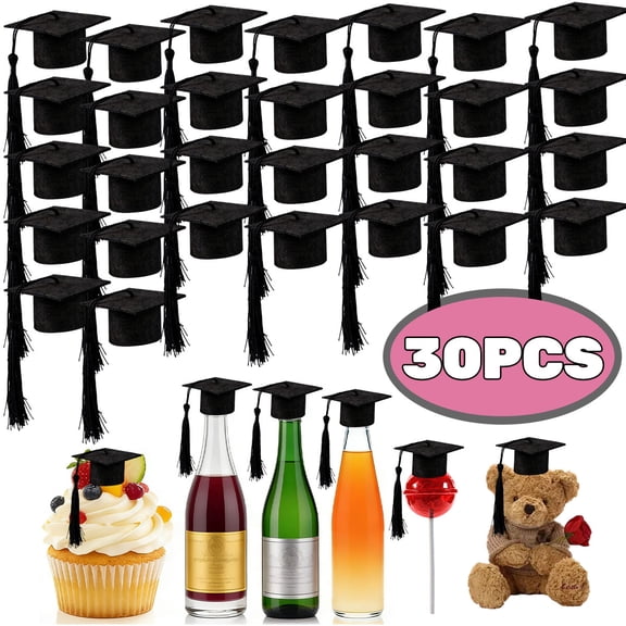 Mini Graduation Cap Black Hats with Black Tassels Plastic Grad Cake Pops Cover Toppers for Graduation Party Decorations 30 Pcs
