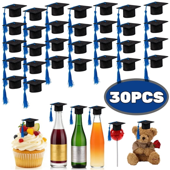 Mini Graduation Cap Black Hats with Blue Tassels Plastic Grad Cake Pops Cover Toppers for Graduation Party Decorations 30 Pcs