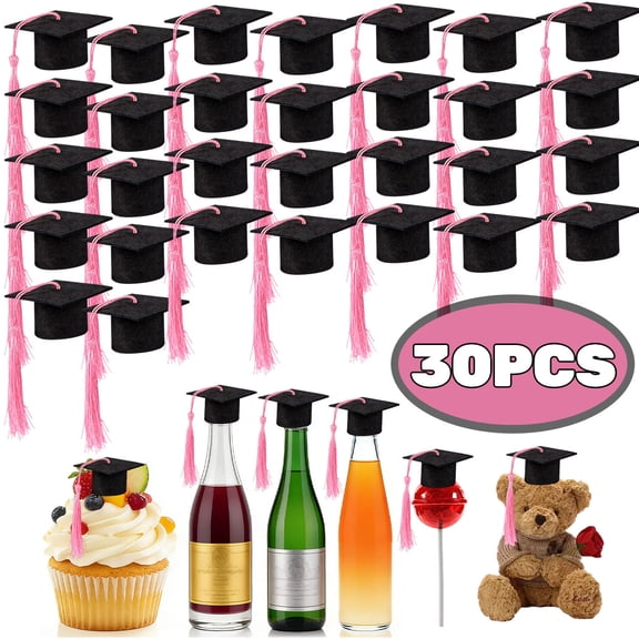 Mini Graduation Cap Black Hats with Pink Tassels Plastic Grad Cake Pops Cover Toppers for Graduation Party Decorations 30 Pcs