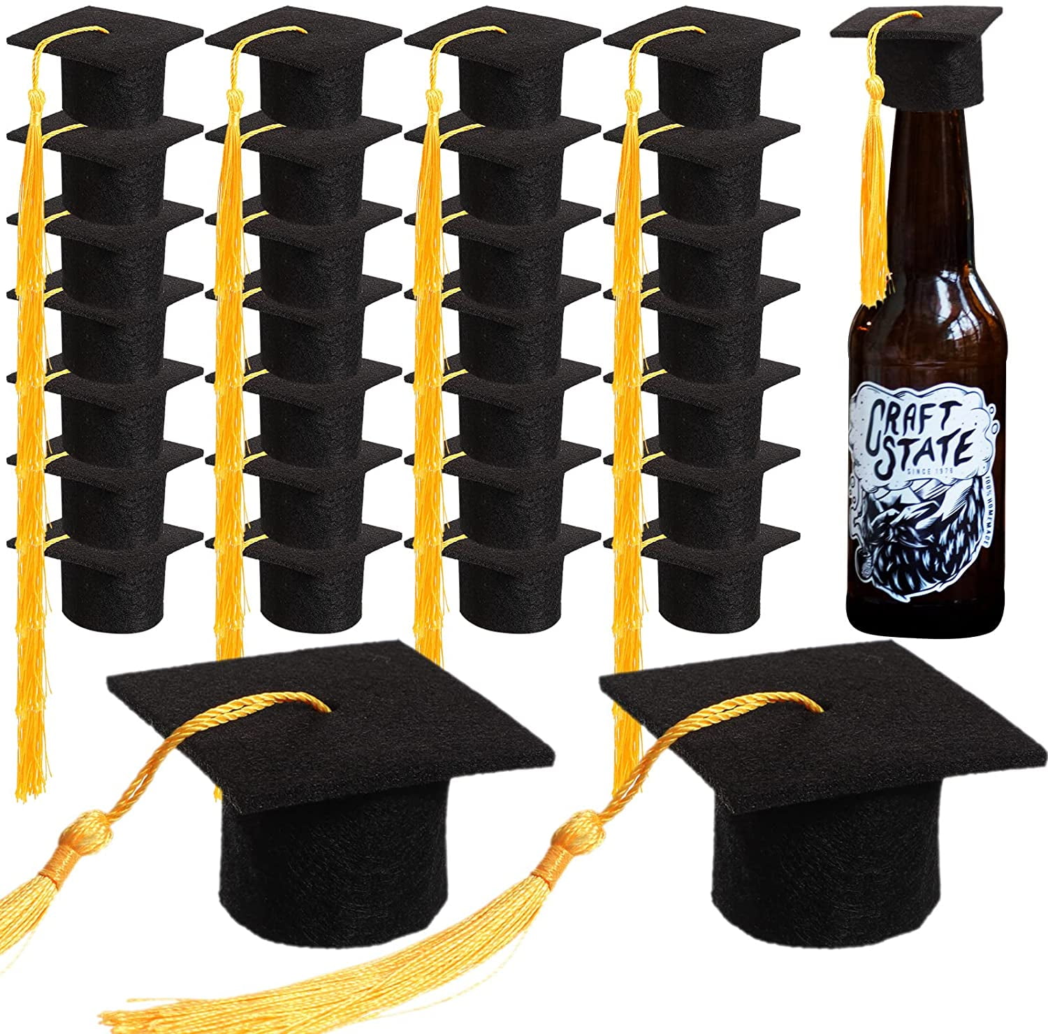 Mini Graduation Cap Bottle Toppers Mini Grad Hat Wine Bottle Topper Graduation Bottle Cap Decoration with Tassels Graduation Cap Cover for Home Graduation Party Table Decoration (24 Pieces)