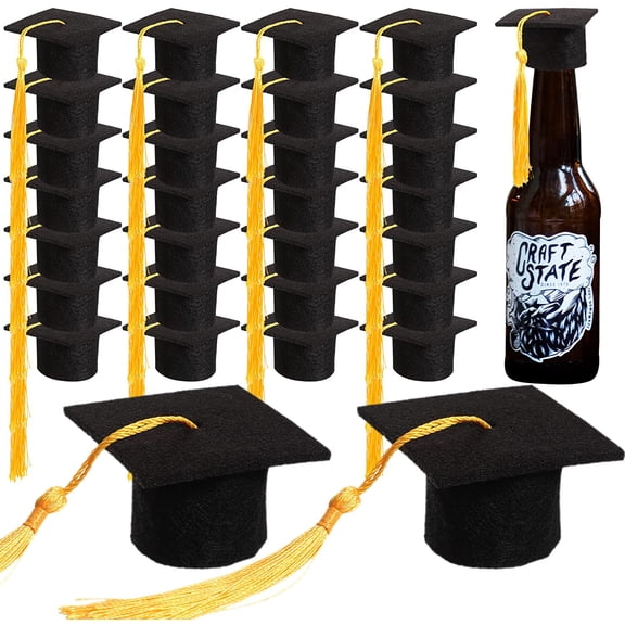 Mini Graduation Cap Bottle Toppers Mini Grad Hat Wine Bottle Topper Graduation Bottle Cap Decoration with Tassels Graduation Cap Cover for Home Graduation Party Table Decoration (24 Pieces)