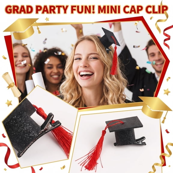 Mini Graduation Cap Clip, Graduation Cap Decorations 2025, Graduation Photo Booth Props, Graduation Party Decorations 2025, 2X2 Inch Glitter Black Mini Grad Cap with Red Tassel