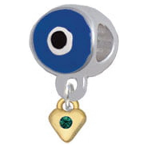 Mini Green Birthday Crystal Gold Tone Heart - Blue Evil Eye Charm Bead